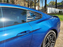 Load image into Gallery viewer, Blue Ford Mustang S550 with custom quarter window decal featuring black flag design and coyote logo, showcasing sleek profile and enhancing the car's sporty appearance