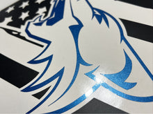 Load image into Gallery viewer, Close-up of S550 Mustang quarter window decal featuring a stylized blue coyote logo against a black and white American flag background, showcasing the product's design and quality for 2015-2023 models