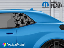 Load image into Gallery viewer, Blue Dodge Challenger with custom R/T logo quarter window decal featuring honeycomb pattern. Mopar official licensed product logo visible. Customizable option highlighted.