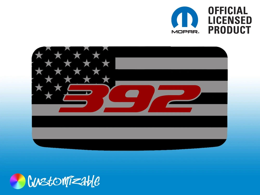 Dodge Challenger 392 sunroof decal featuring American flag design with black and white stripes, white stars, and red 392 logo. Official Mopar licensed product, customizable, shown on blue gradient background.
