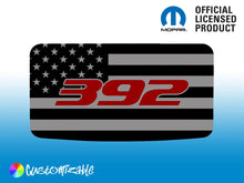 Load image into Gallery viewer, Dodge Challenger 392 sunroof decal featuring American flag design with black and white stripes, white stars, and red 392 logo. Official Mopar licensed product, customizable, shown on blue gradient background.