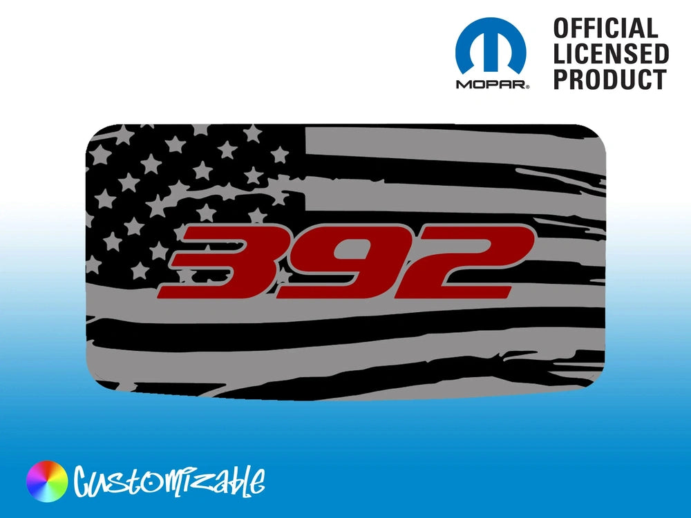 Dodge Challenger sunroof decal featuring a distressed American flag design with '392' emblem in red, officially licensed Mopar product, customizable option shown