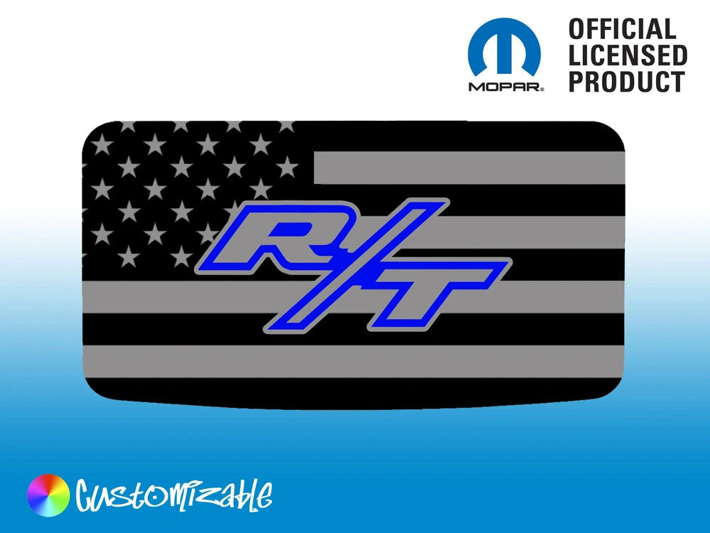 Dodge Challenger R/T sunroof decal with American flag design, featuring black and gray stripes with white stars, and blue R/T logo. Official Mopar licensed product, customizable, shown on blue gradient background.