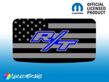 Load image into Gallery viewer, Dodge Challenger R/T sunroof decal with American flag design, featuring black and gray stripes with white stars, and blue R/T logo. Official Mopar licensed product, customizable, shown on blue gradient background.