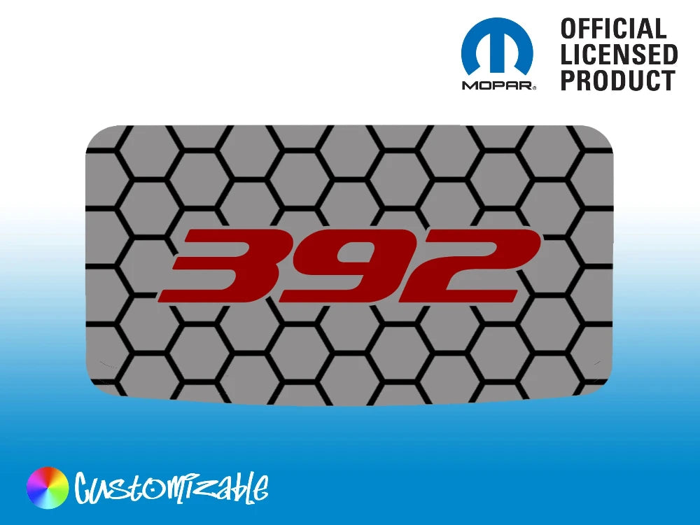 Dodge Challenger sunroof decal featuring red '392' logo on gray hexagonal pattern background, with Mopar official licensed product logo and customizable label in corner