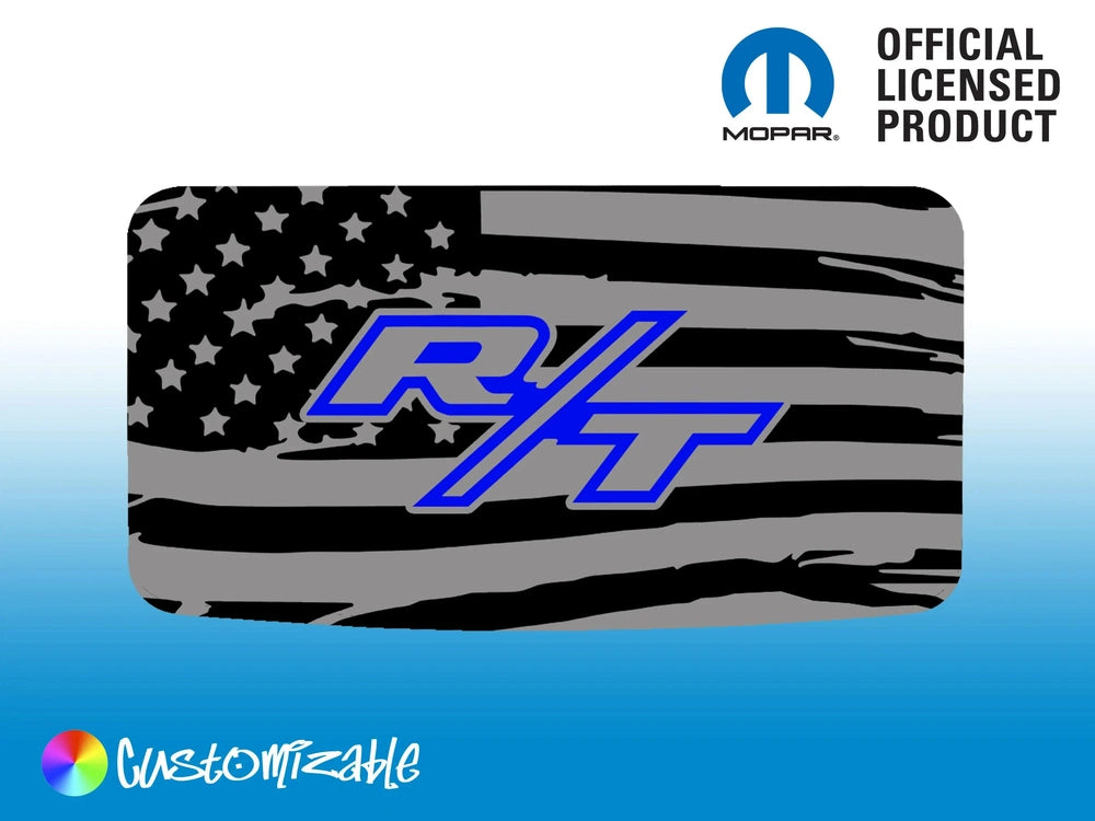 Dodge Challenger T/A sunroof decal featuring American flag design with blue R/T logo, official Mopar licensed product, customizable options available