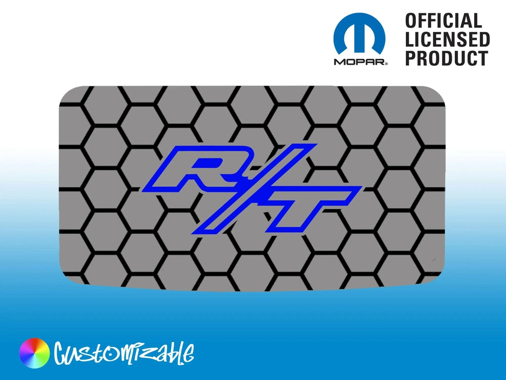 Dodge Challenger R/T logo sunroof decal mockup on hexagonal pattern background, with Mopar official licensed product logo and customizable color options indicator
