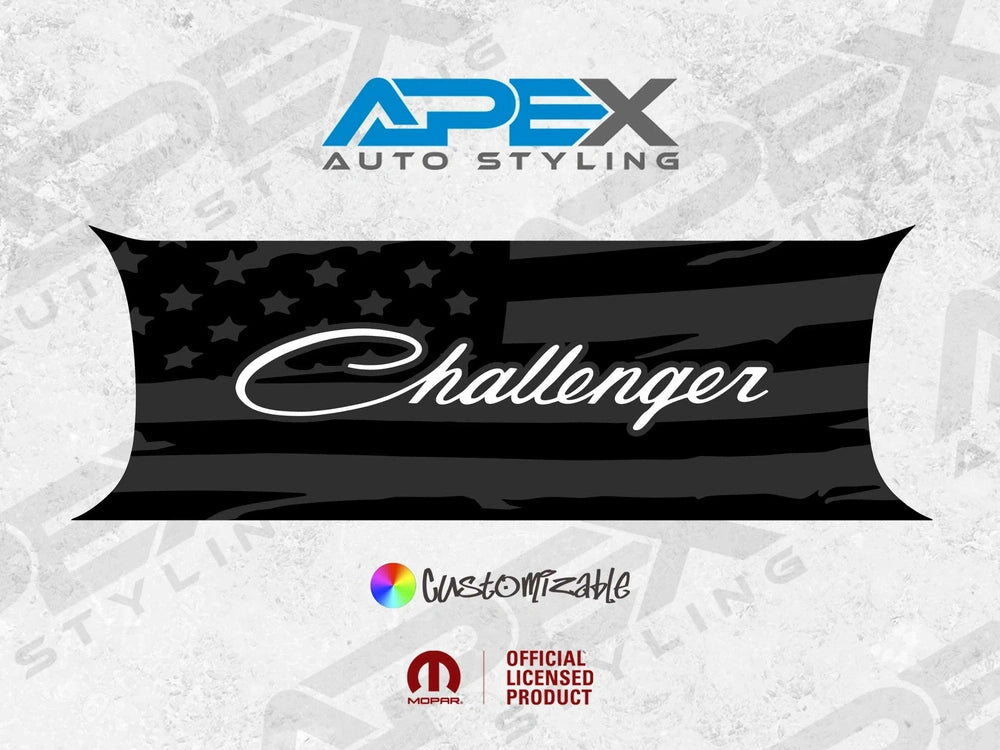 Customizable Challenger taillight divider decal featuring black American flag design with white Challenger text logo, showcasing Apex Auto Styling brand and official licensing