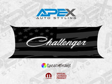 Load image into Gallery viewer, Customizable Challenger taillight divider decal featuring black American flag design with white Challenger text logo, showcasing Apex Auto Styling brand and official licensing