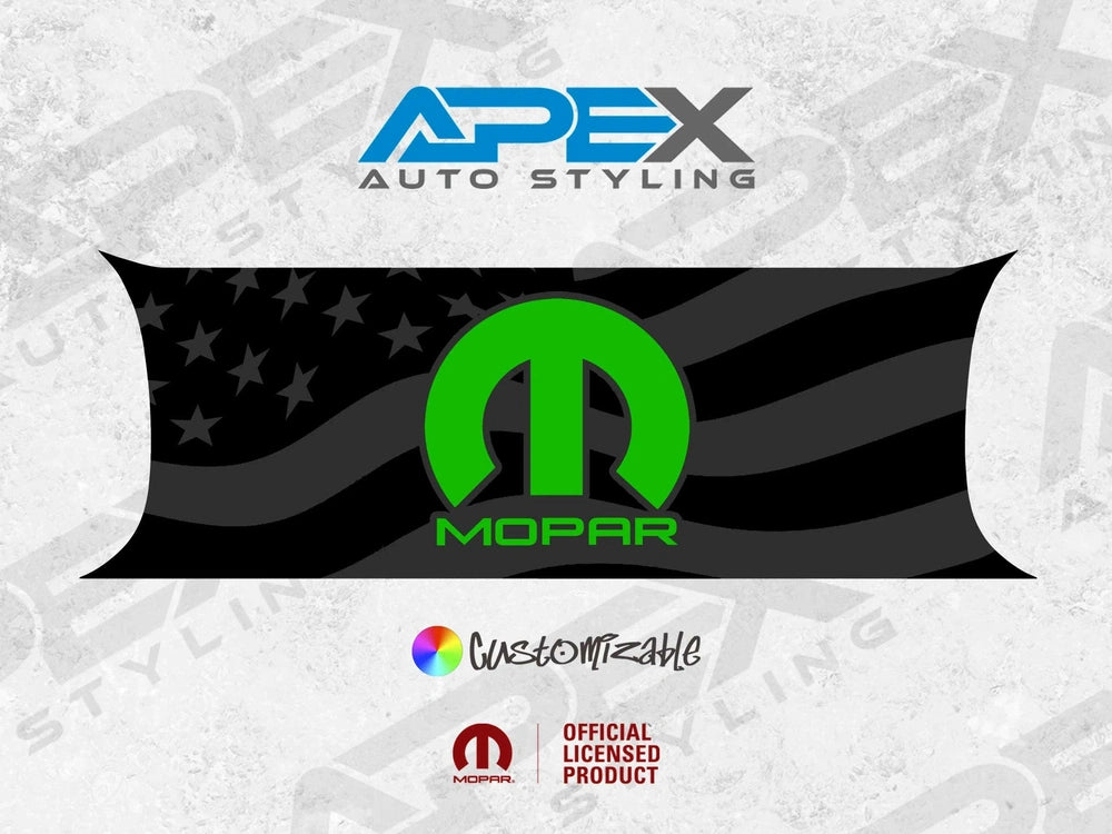 Custom Challenger taillight divider decal with green MOPAR logo on black American flag background, showcasing Apex Auto Styling and customization options