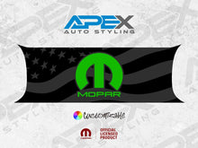 Load image into Gallery viewer, Custom Challenger taillight divider decal with green MOPAR logo on black American flag background, showcasing Apex Auto Styling and customization options