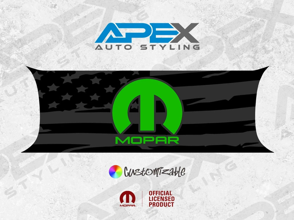 Challenger taillight divider decal with black American flag design and green MOPAR logo, customizable product by Apex Auto Styling, officially licensed
