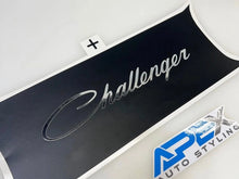 Load image into Gallery viewer, Customizable Challenger taillight divider decal with silver text logo on black background, showcasing premium vinyl quality and precise fit for Dodge Challenger models 2015 and newer.