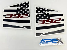 Load image into Gallery viewer, Custom Dodge Charger quarter window decals featuring black and white American flag design with red 392 logo, alongside Apex Styling branding sticker