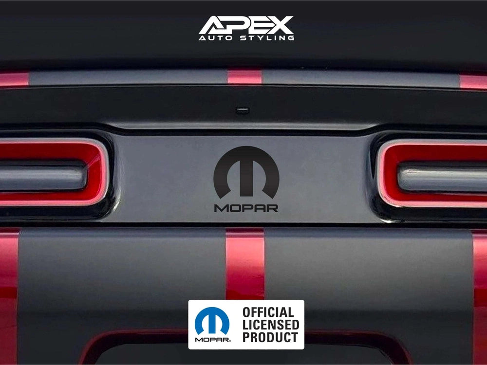 Dodge Challenger taillight divider with MOPAR logo decal, showcasing customizable design options in black and red. Apex Auto Styling branding visible.