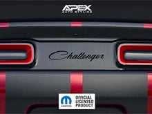 Load image into Gallery viewer, Close-up view of Dodge Challenger taillight divider with custom decal featuring Challenger text logo, showcasing red and black color scheme and APEX Auto Styling branding, highlighting the product's customizable design and official licensed status.