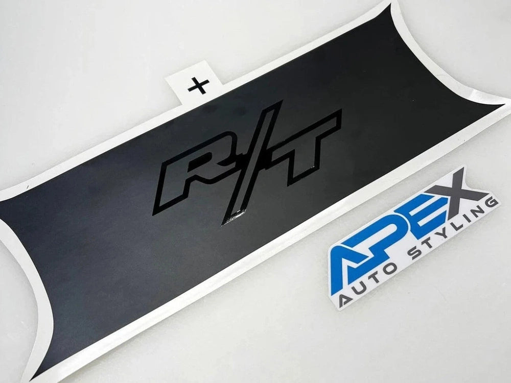 Challenger taillight divider decal featuring R/T logo in black with white border, showcasing Apex Auto Styling brand, customizable for Dodge Challenger 2015+ models