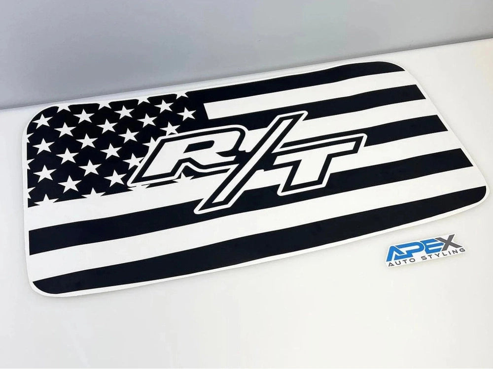 Black and white American flag design with R/T logo for Dodge Challenger sunroof decal, showcasing patriotic style and performance branding for muscle car enthusiasts