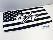 Load image into Gallery viewer, Black and white American flag design with R/T logo for Dodge Challenger sunroof decal, showcasing patriotic style and performance branding for muscle car enthusiasts