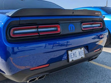 Load image into Gallery viewer, Blue Dodge Challenger rear view showing taillight divider decal with MOPAR logo, highlighting customizable design options for personalized appearance