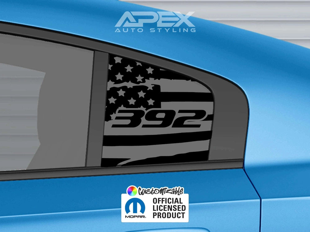 Dodge Charger quarter window decal featuring 392 logo and American flag design on matte black background, shown on blue car body with Apex Auto Styling branding