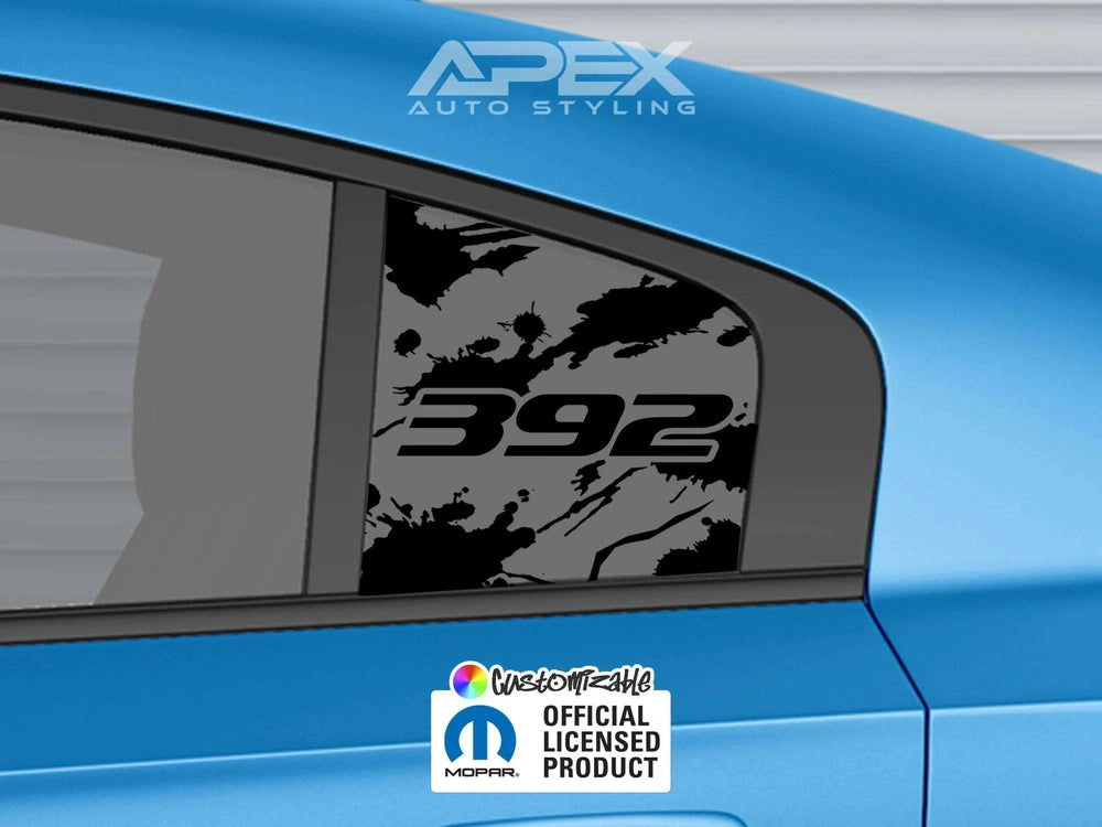 Blue Dodge Charger with custom black quarter window decal featuring 392 logo, showcasing Apex Auto Styling product for 2011-2023 models