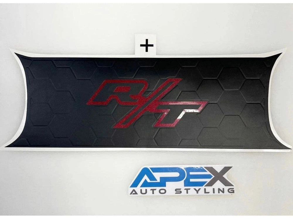 Dodge Challenger taillight divider decal featuring red R/T logo on black hexagon pattern background, customizable automotive accessory by Apex Auto Styling