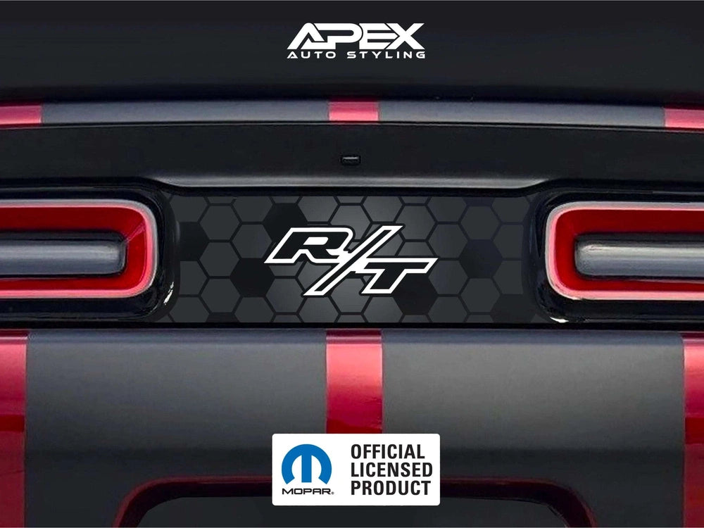 Customizable Challenger taillight divider decal with R/T logo, featuring hexagonal pattern and red accents. APEX Auto Styling branding visible. Officially licensed Mopar product.