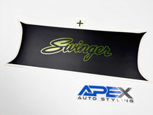 Load image into Gallery viewer, Challenger taillight divider decal featuring green Swinger logo on black background, showcasing customizable design options for Dodge Challenger owners. Apex Auto Styling branding visible.