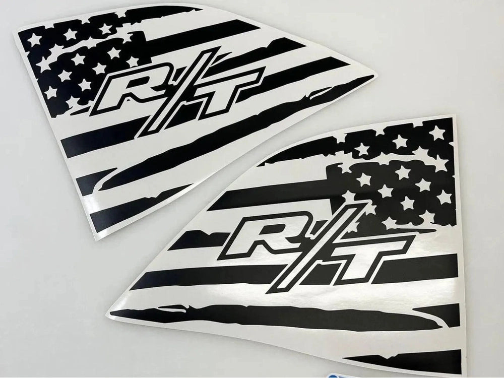 Dodge Challenger R/T quarter window decals featuring American flag design with stars and stripes, custom fit for 2008+ models, available in multiple colors for personalized styling