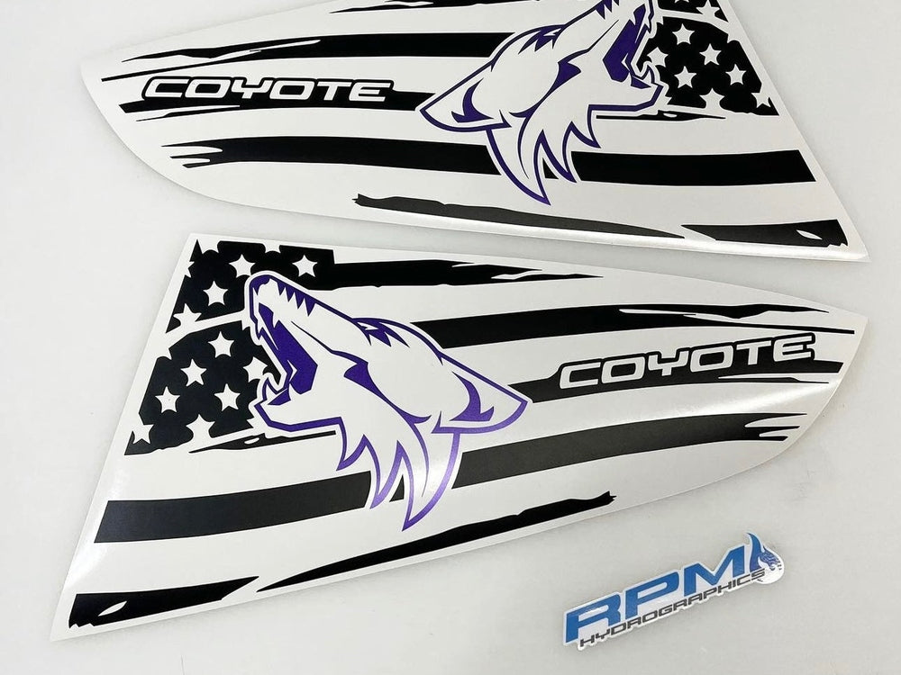Custom quarter window decals for S550 Mustang featuring stylized coyote logos and American flag designs in black, white, and purple, with Coyote text and RPM branding visible