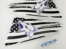 Load image into Gallery viewer, Custom quarter window decals for S550 Mustang featuring stylized coyote logos and American flag designs in black, white, and purple, with Coyote text and RPM branding visible