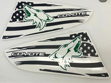 Load image into Gallery viewer, S550 Mustang quarter window decals featuring black and white American flag design with stars and stripes, and green Coyote logo. Two triangular decals shown, designed for left and right quarter windows of 2015-2023 Ford Mustang models.