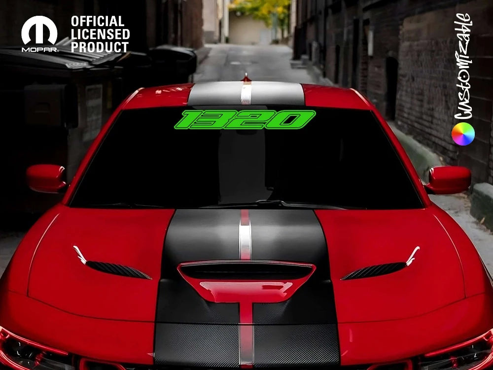 Red Dodge Challenger Scat Pack 1320 with custom 1320 Windshield banner sticker decal graphics