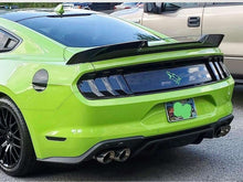 Load image into Gallery viewer, Rear view of a bright green Ford Mustang S550 model, showcasing its distinctive taillights, spoiler, and dual exhaust pipes. The car&#39;s sleek and sporty design is emphasized by its vibrant color and aggressive styling elements.