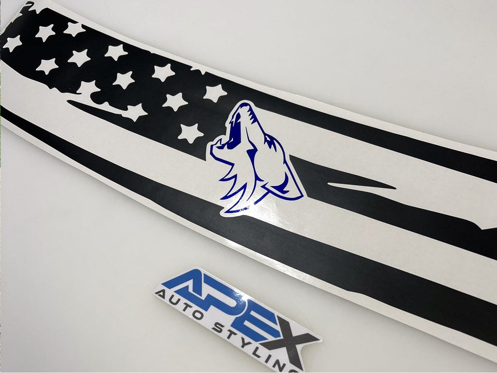S550 Mustang decklid decal featuring black American flag design with stars and stripes cutouts, blue coyote logo in center, and Apex Auto Styling brand label underneath