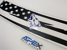 Load image into Gallery viewer, S550 Mustang decklid decal featuring black American flag design with stars and stripes cutouts, blue coyote logo in center, and Apex Auto Styling brand label underneath