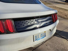 Load image into Gallery viewer, White Ford Mustang rear view featuring S550 decklid decal with American flag design and Coyote logo. Custom vinyl decal showcases stars and stripes pattern on glossy black background between taillights.