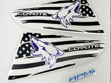 Load image into Gallery viewer, S550 Mustang quarter window decals featuring black and white American flag design with purple Coyote logo and text. Two triangular decals shown, designed for left and right windows of 2015-2023 Ford Mustang models.