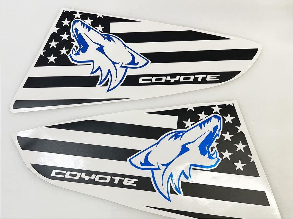 S550 Mustang quarter window decals featuring black and white American flag design with blue Coyote logo, showcasing patriotic theme for 2015-2023 models