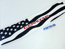 S550 Mustang decklid decal featuring waving American flag design with stars and stripes, red Coyote text, and blue RPM logo on white background, showcasing custom vinyl accessory for 2015-2023 models