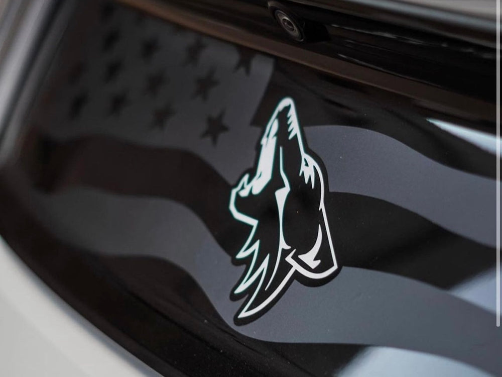 S550 Mustang decklid decal featuring American flag design with cutout stars and stripes, and a teal coyote logo, applied to glossy black car surface, showcasing custom vinyl appearance for 2015-2023 models