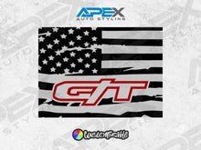 Load image into Gallery viewer, Custom RAM truck rear sliding window decal featuring a black American flag design with G/T logo in red, showcasing Apex Auto Styling product for 2009+ RAM pickups