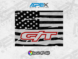 Custom RAM truck rear sliding window decal featuring a black American flag design with G/T logo in red, showcasing Apex Auto Styling product for 2009+ RAM pickups