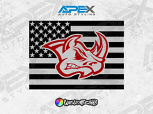 Load image into Gallery viewer, RAM truck rear window decal featuring black American flag design with customizable red rhino logo, showcasing Apex Auto Styling&#39;s product for 2009+ RAM pickups