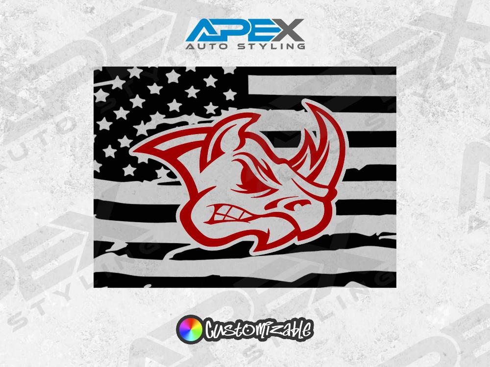 RAM truck rear sliding window decal featuring American flag design with custom red Rhino logo overlay, offered by Apex Auto Styling with customizable color options