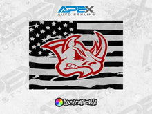 Load image into Gallery viewer, RAM truck rear sliding window decal featuring American flag design with custom red Rhino logo overlay, offered by Apex Auto Styling with customizable color options