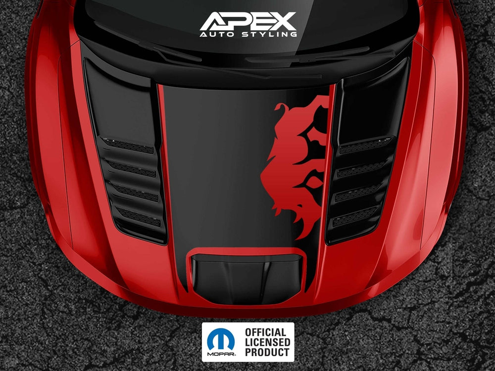 Flame Red RAM 1500 RHO twin turbo Hurricane Motor with matte black hood and rhino cutout graphics decals