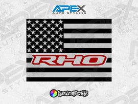 RAM truck rear sliding window decal featuring American flag design with RHO logo, customizable colors, for 2009+ models, offered by Apex Auto Styling