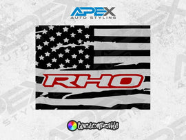 Custom RAM truck rear sliding window decal featuring American flag design with RHO logo. Black matte vinyl with customizable logo color options. Precision-cut for 2009+ RAM pickups, offering unique styling.